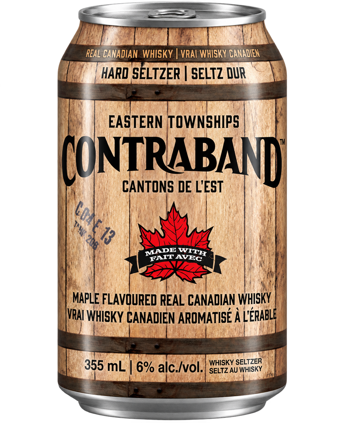 CONTRABAND™ 355 mL can with a wood-barrel label: maple-flavoured real Canadian whisky hard seltzer, 6% alc./vol.